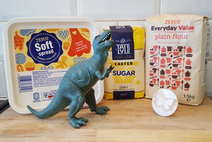 Dinosaur, butterfly print, butter, sugar and flour - fossil biscuits - Kids baking