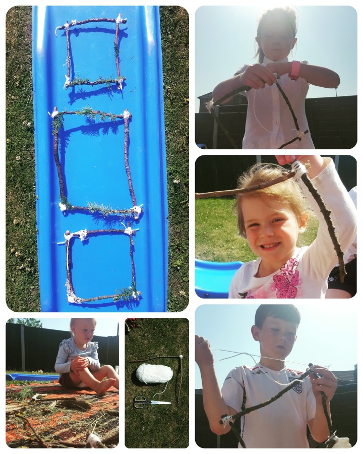 Nature frames, connecting sticks together with wool or yarn to make a frame. Decorated nature frame, 4FreckledFaces