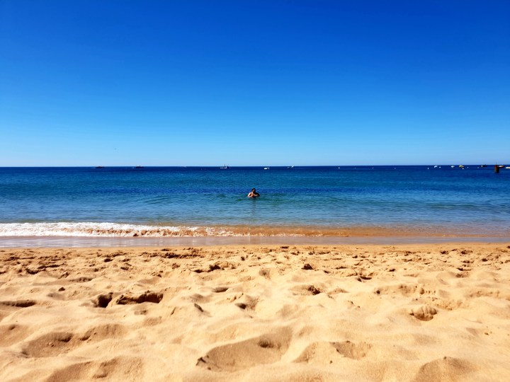 Blue skies, blue sea, Atlantic ocean, Portugal, golden sand, beach,