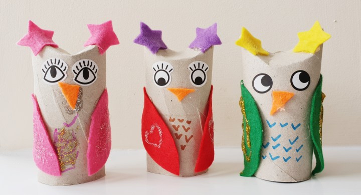 Toilet roll owls. Toilet rolls decorated with felt and sticker eyes to look like owls. 4 Freckled Faces.