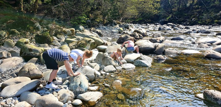 Kids throwing stones in a stream. 4 Freckled Faces. Coed y Brenin. Wales.